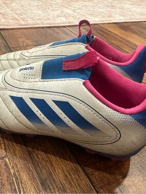 Adidas Kids White and Blue Soccer Cleats with Pink Lining -